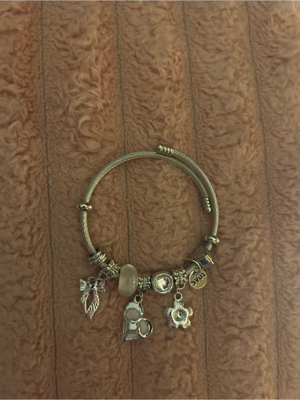 Silver-Tone Charm Bangle Bracelet with Pink Accents